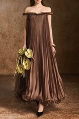 A-line Off-Shoulder Silk Organza Maxi Dress in Brown