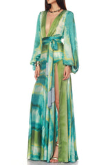 Green Floral Print Puff Sleeve Maxi Dress