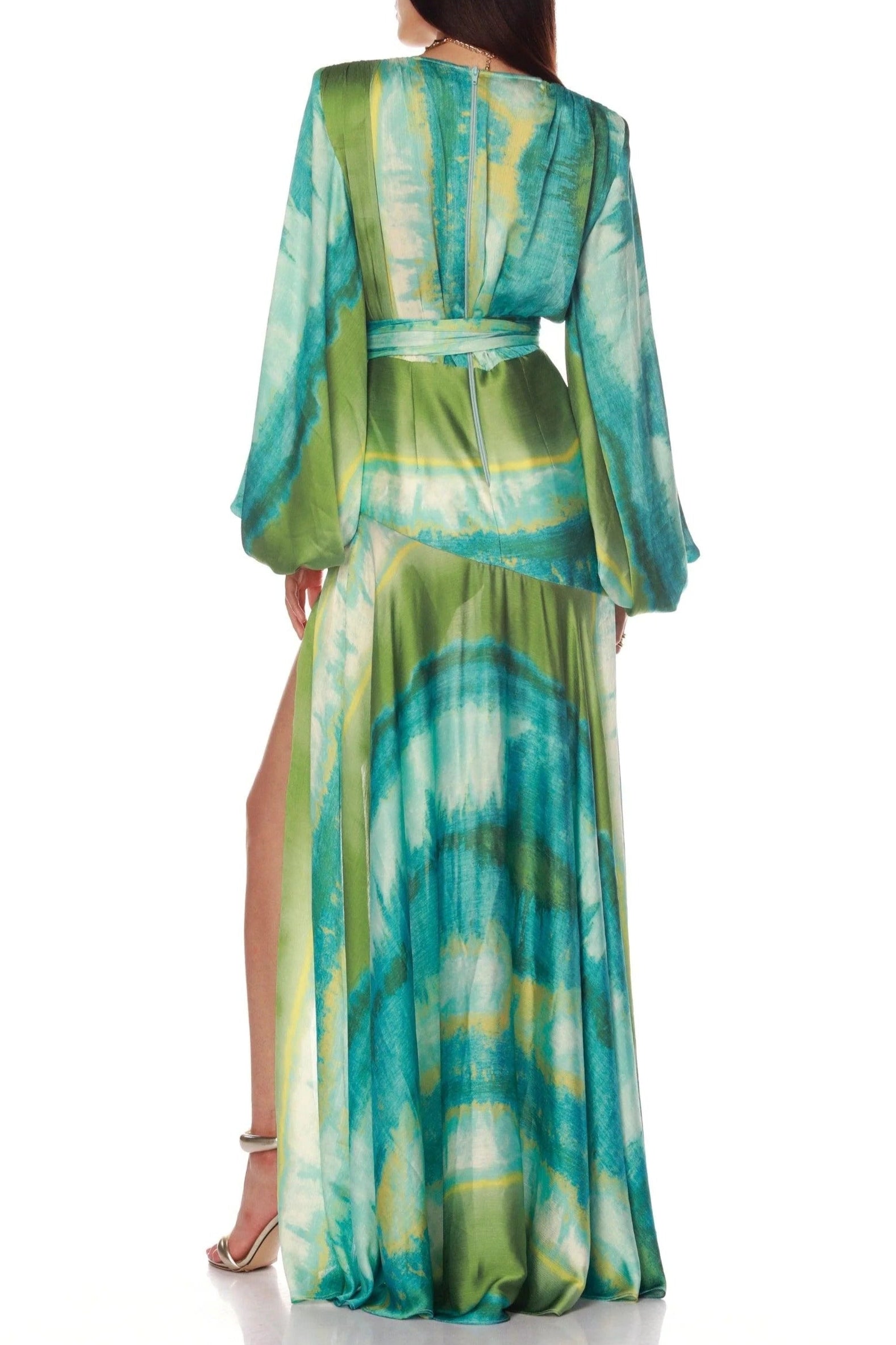 Green Floral Print Puff Sleeve Maxi Dress