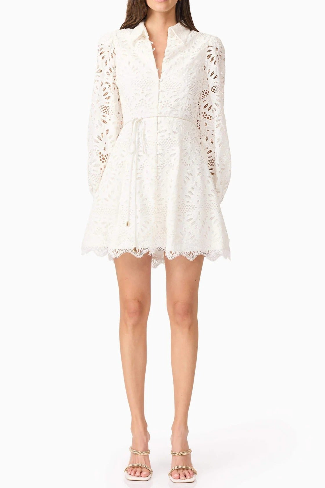 Hollow Embroidery Puff Sleeve Mini Dress in White