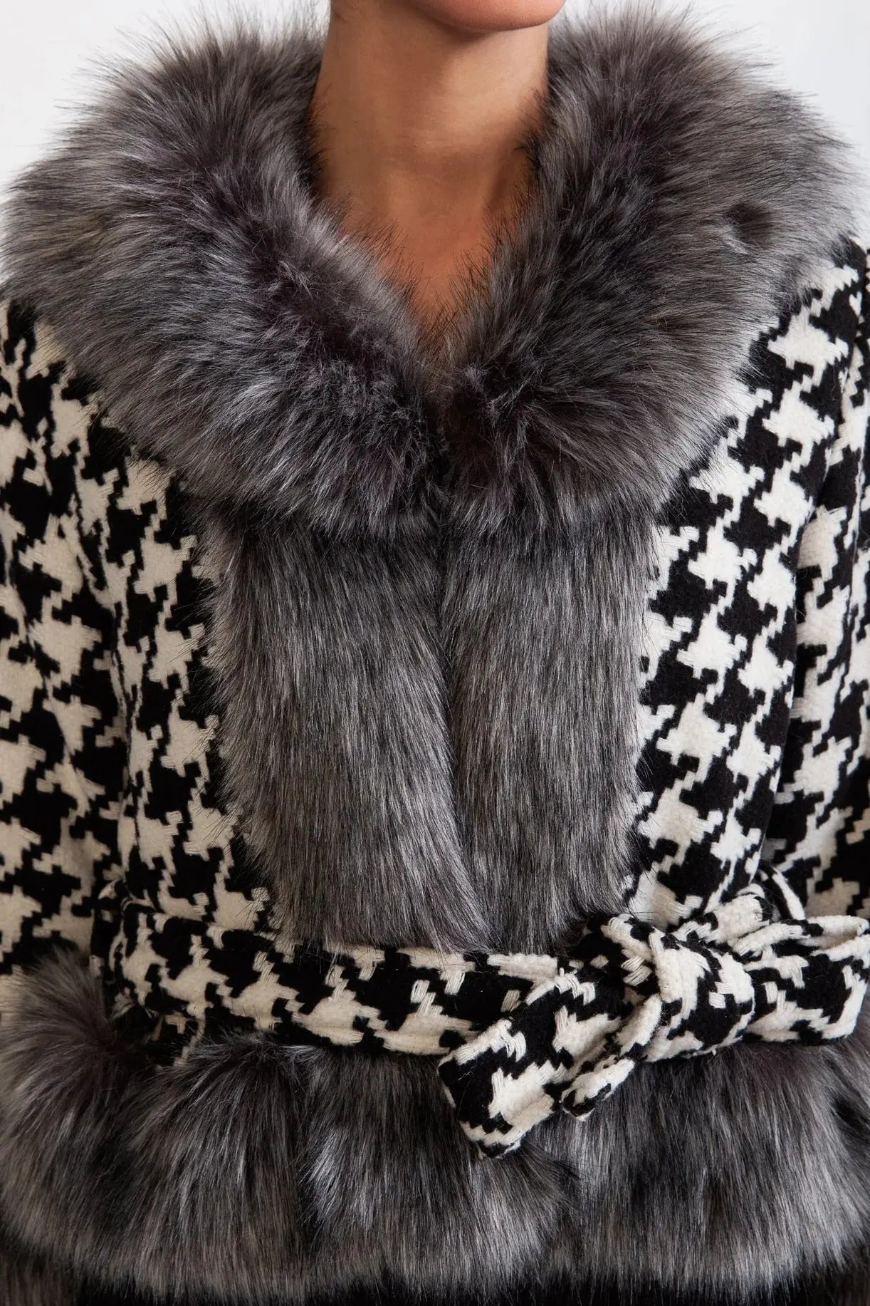 Houndstooth Wool Coat with Fur