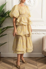 Puff Sleeve Ruffle Midi Dress - Yellow
