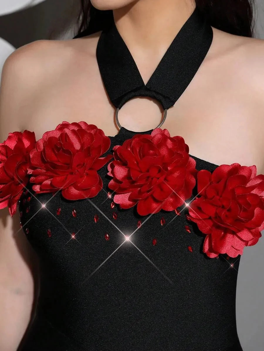 Flower Bandage Maxi Dress in Black