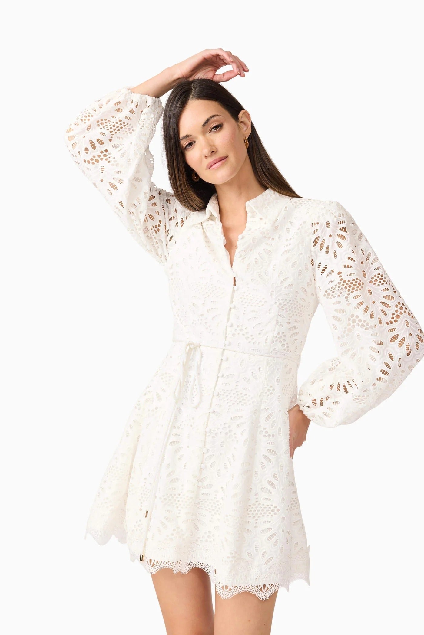 Hollow Embroidery Puff Sleeve Mini Dress in White