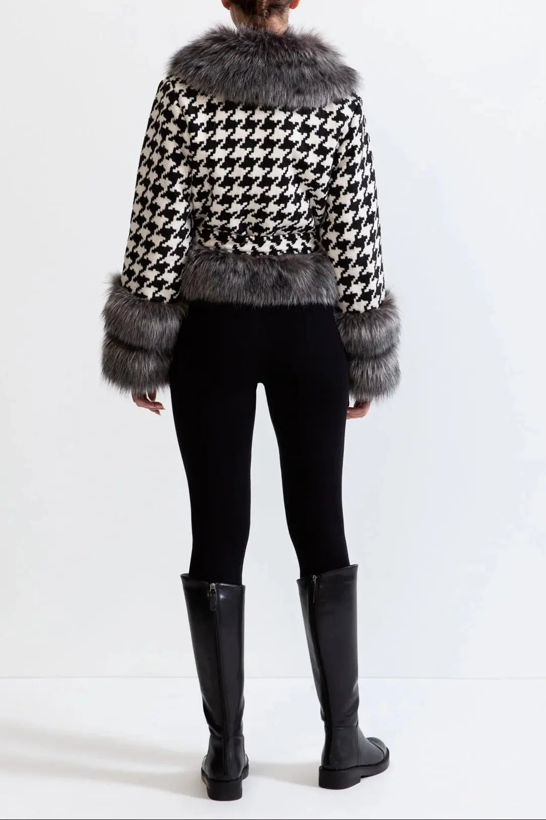 Houndstooth Wool Coat with Fur
