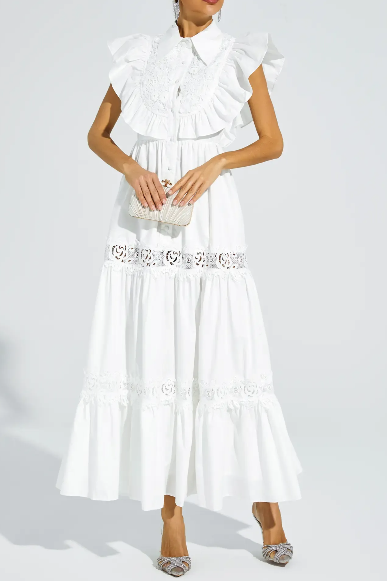White Sleeveless Ruffle Trim Midi Dress