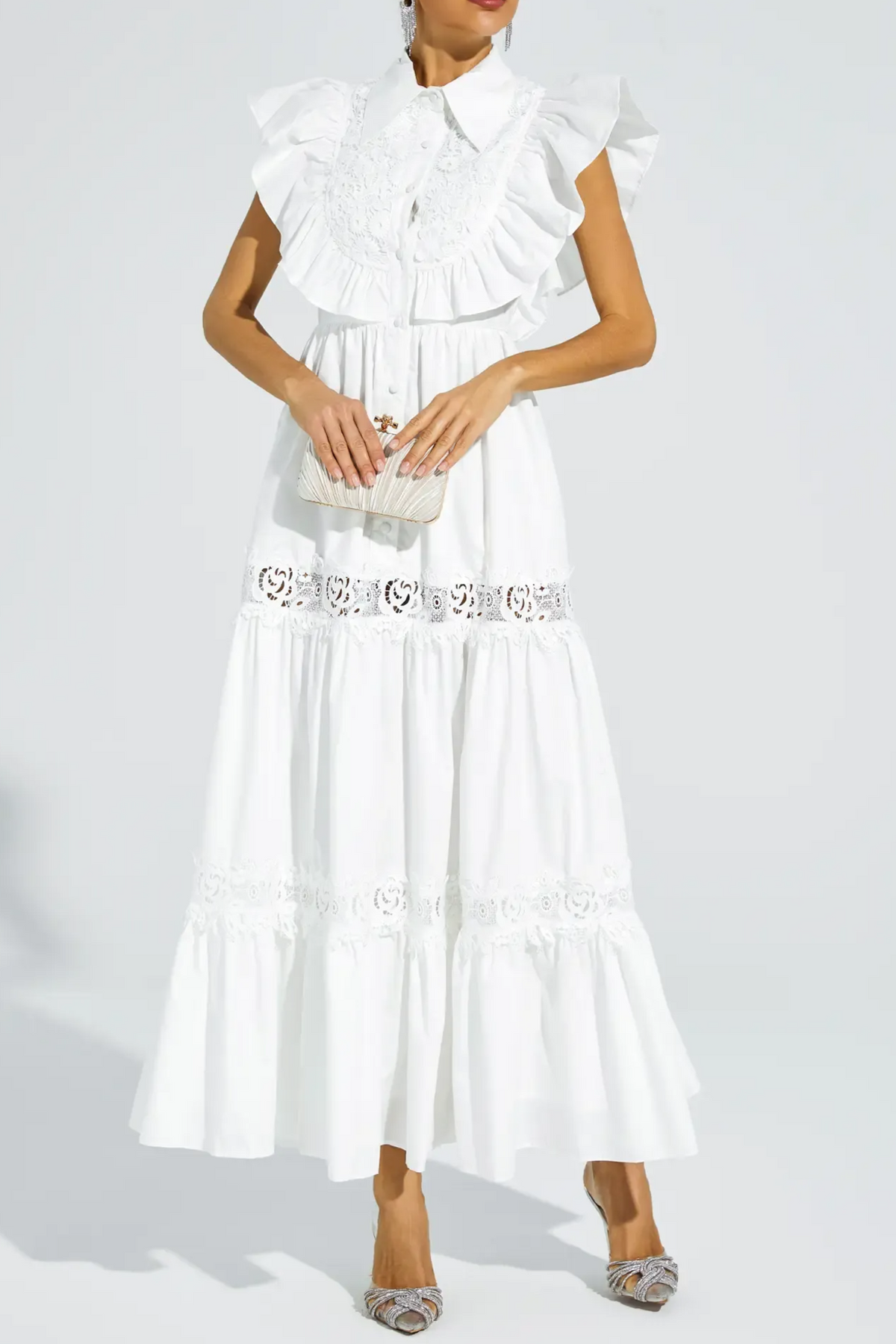 White Sleeveless Ruffle Trim Midi Dress