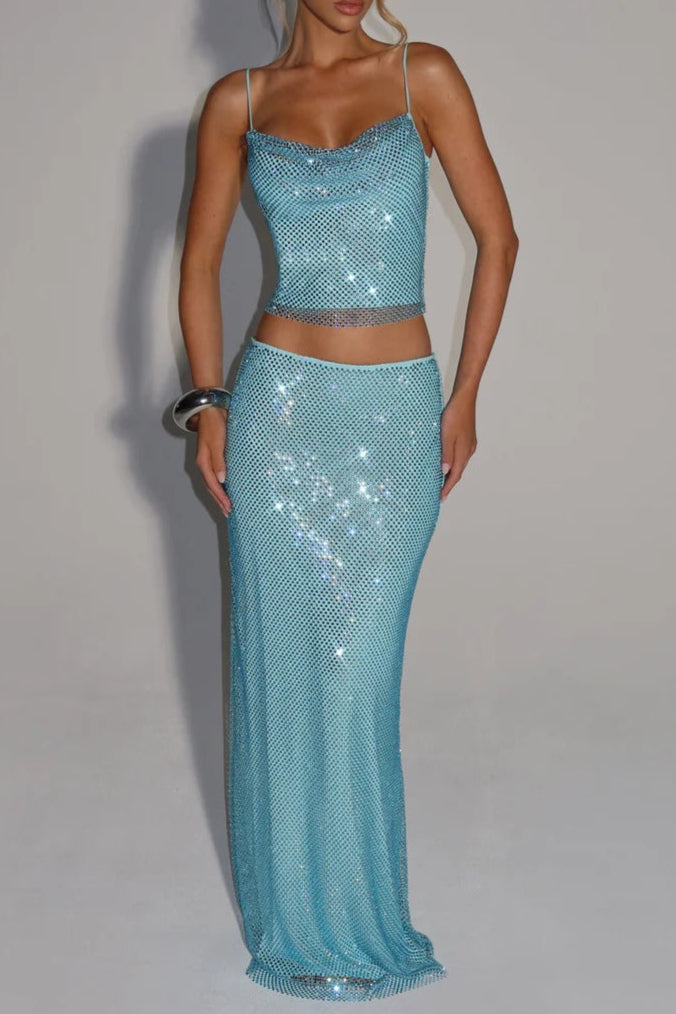 Sequin Top Maxi Skirt Suit in Blue
