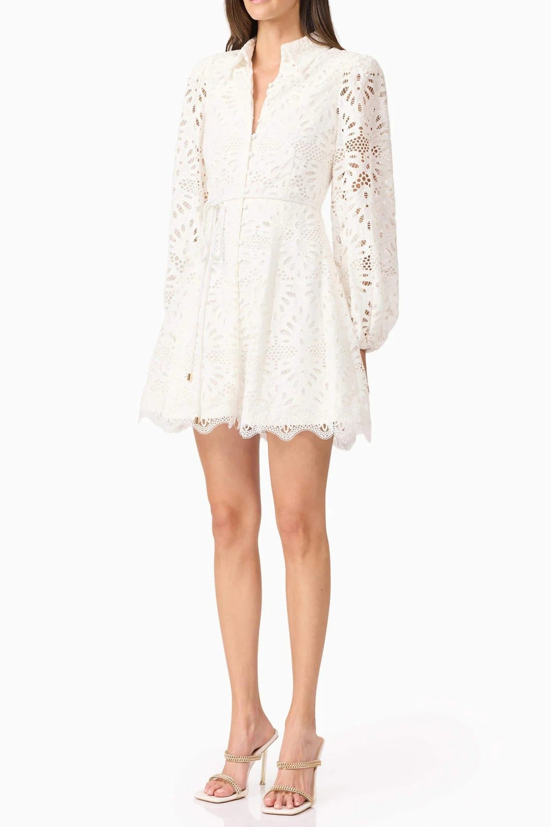 Hollow Embroidery Puff Sleeve Mini Dress in White