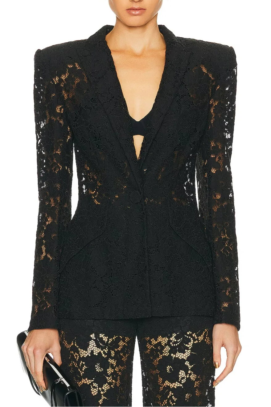 V-Neck Lace Blazer Set in Black