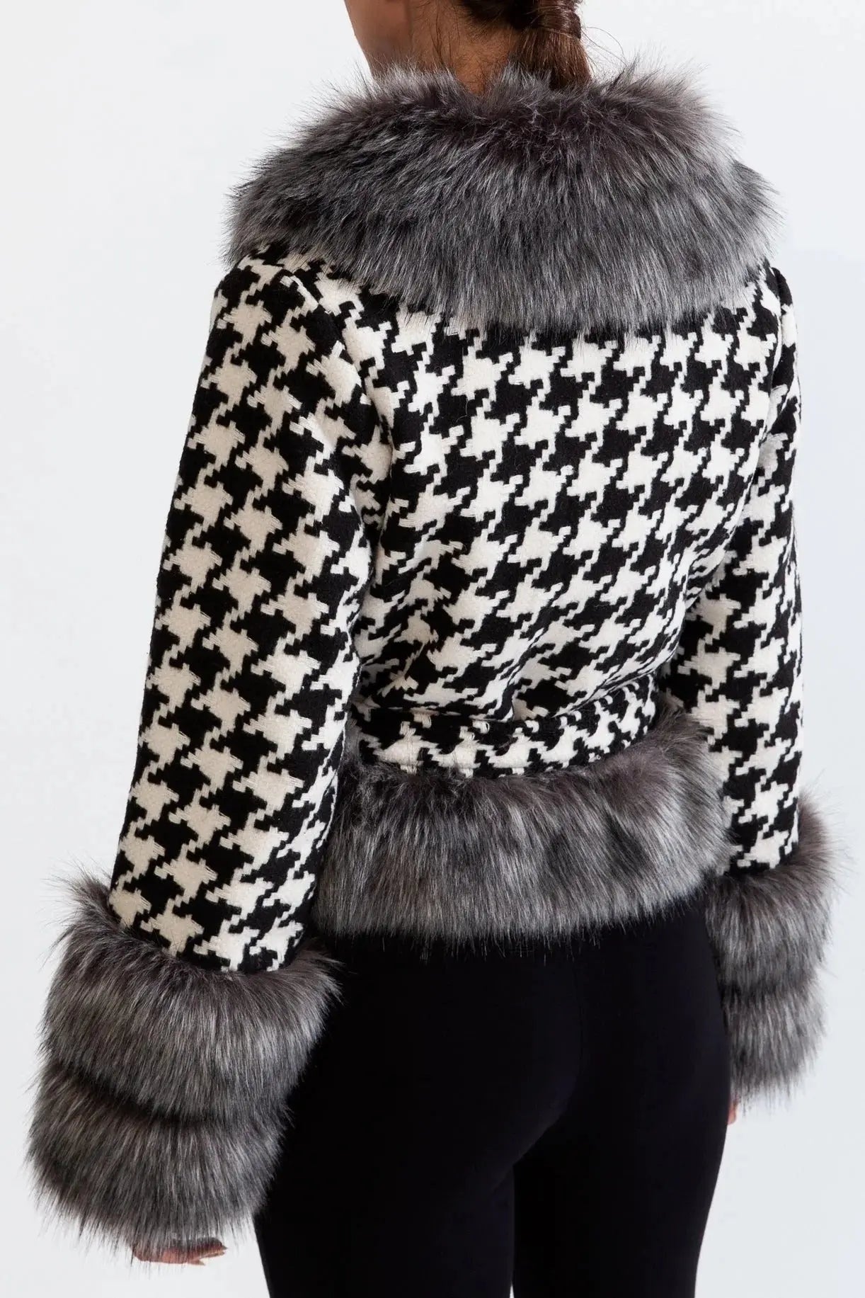 Houndstooth Wool Coat with Fur