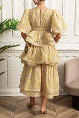 Puff Sleeve Ruffle Midi Dress - Yellow