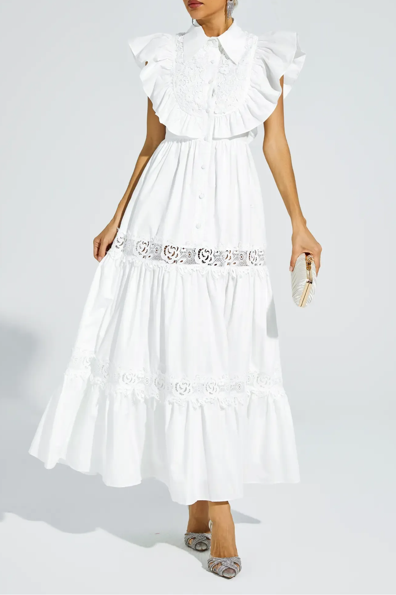 White Sleeveless Ruffle Trim Midi Dress