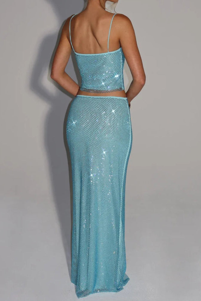 Sequin Top Maxi Skirt Suit in Blue