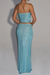 Sequin Top Maxi Skirt Suit in Blue