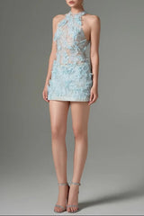 Floral Lace Mini Dress In blue