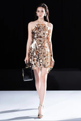 Halter Sleeveless Sequin Mini Dress in Gold