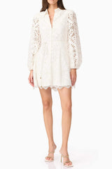 Hollow Embroidery Puff Sleeve Mini Dress in White