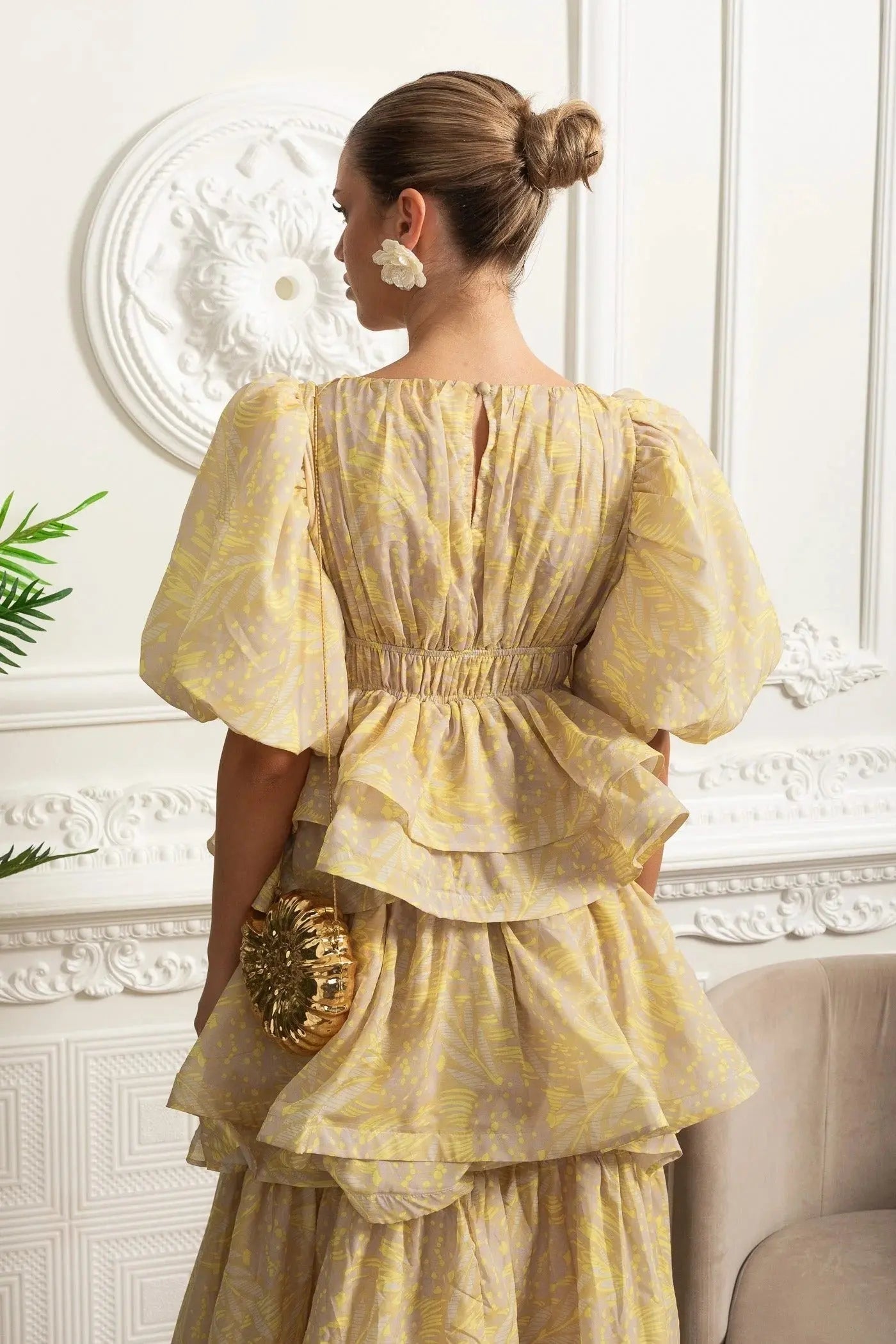 Puff Sleeve Ruffle Midi Dress - Yellow