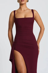 High Stretch Crepe Maxi Dress in Burgundy