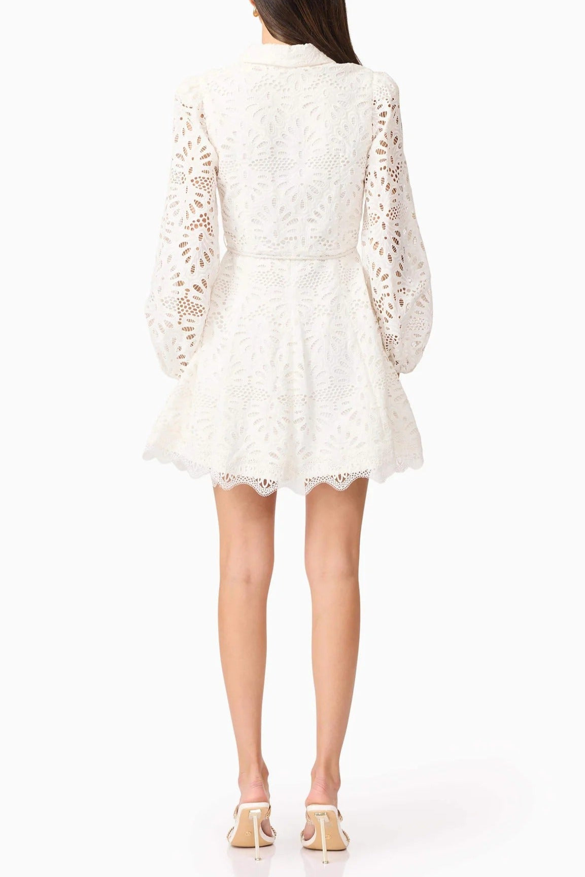 Hollow Embroidery Puff Sleeve Mini Dress in White