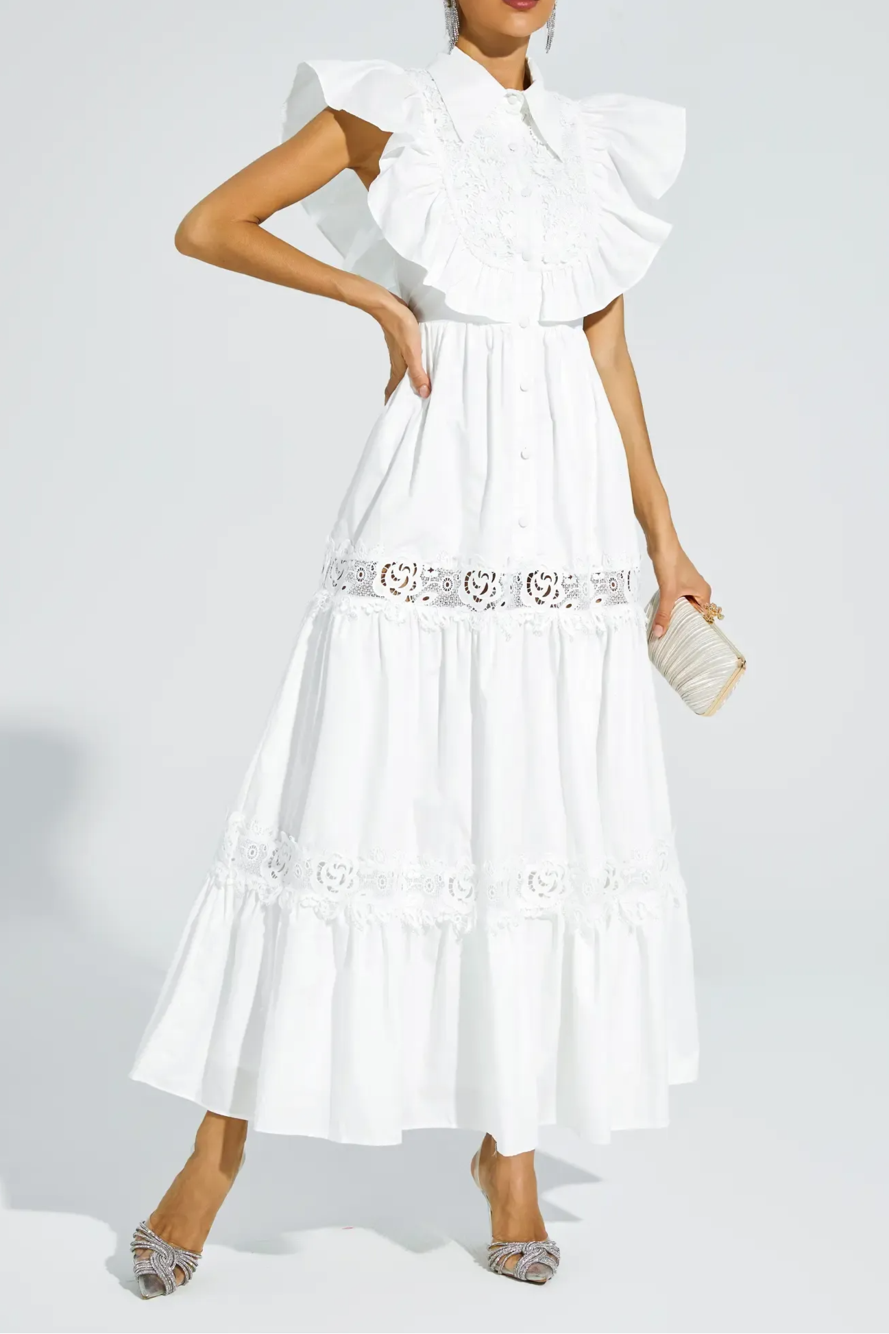 White Sleeveless Ruffle Trim Midi Dress