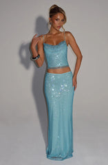 Sequin Top Maxi Skirt Suit in Blue