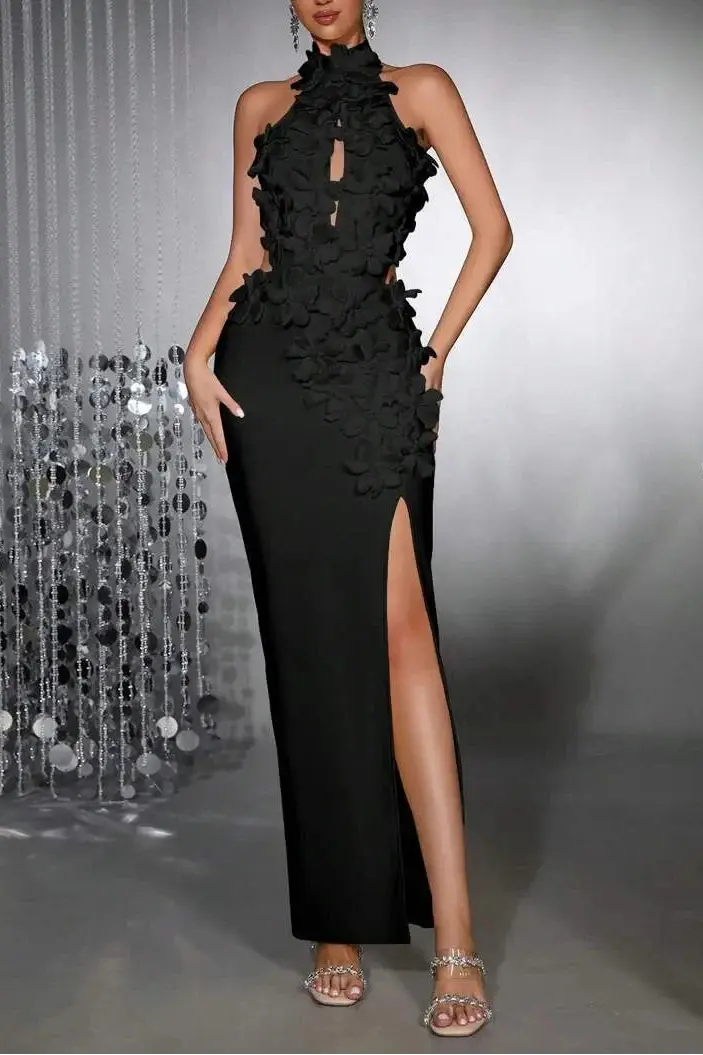 Celeste 3D Flower Halter High Backless Maxi Dress in Black