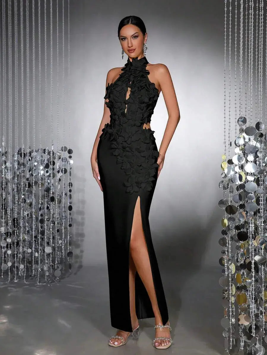 Celeste 3D Flower Halter High Backless Maxi Dress in Black