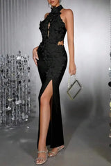 Celeste 3D Flower Halter High Backless Maxi Dress in Black