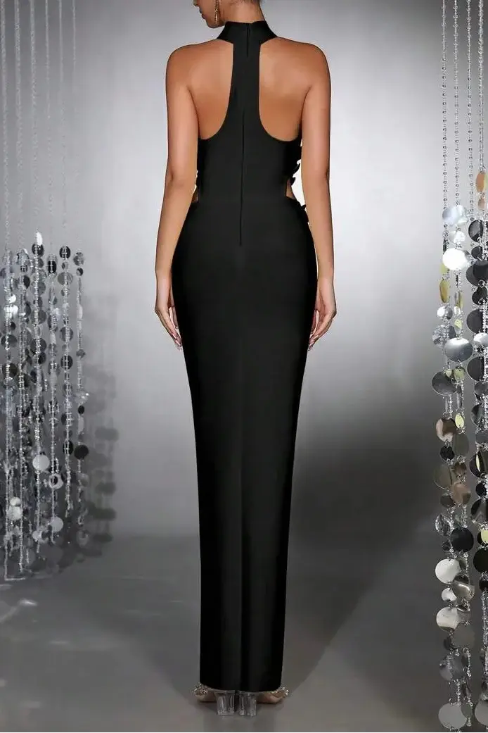 Celeste 3D Flower Halter High Backless Maxi Dress in Black