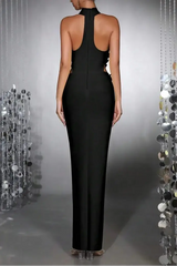 Celeste 3D Flower Halter High Backless Maxi Dress in Black