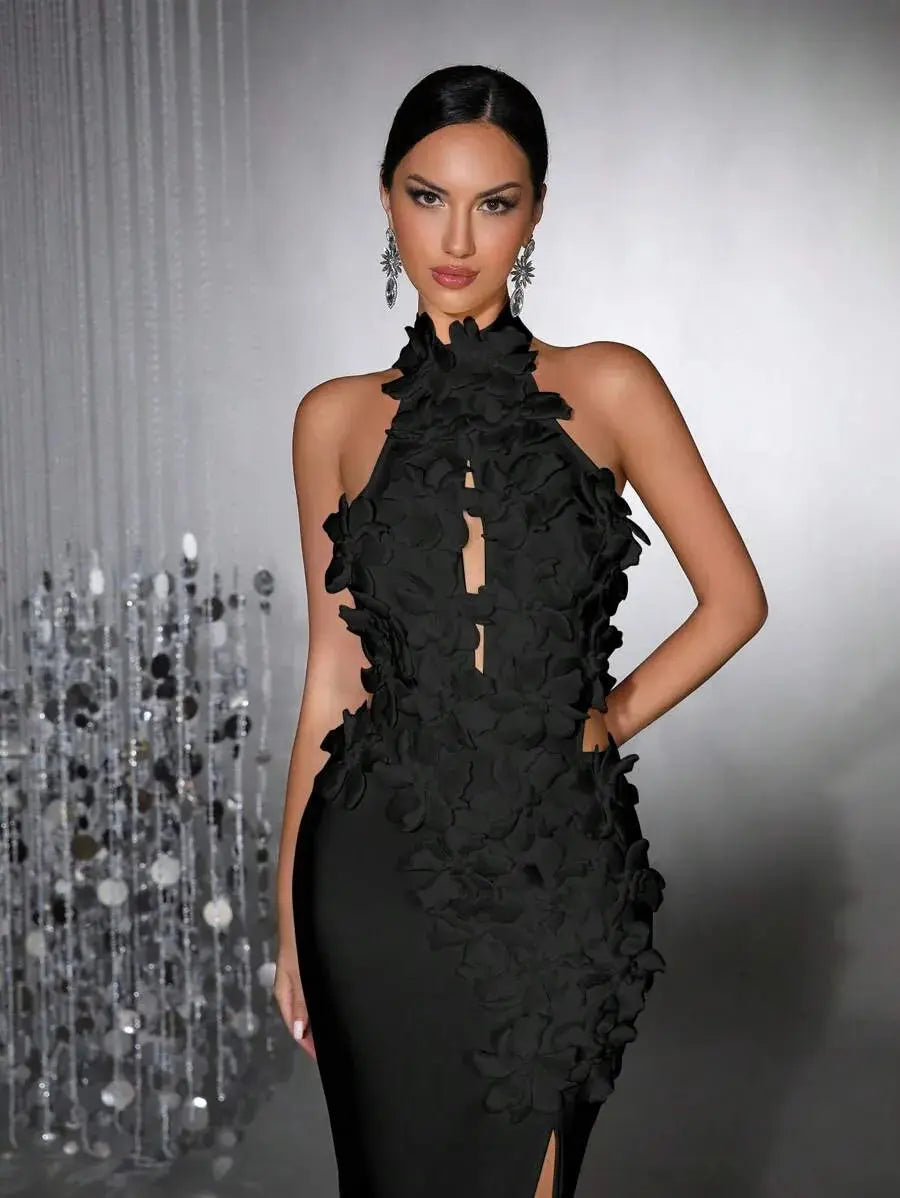 Celeste 3D Flower Halter High Backless Maxi Dress in Black