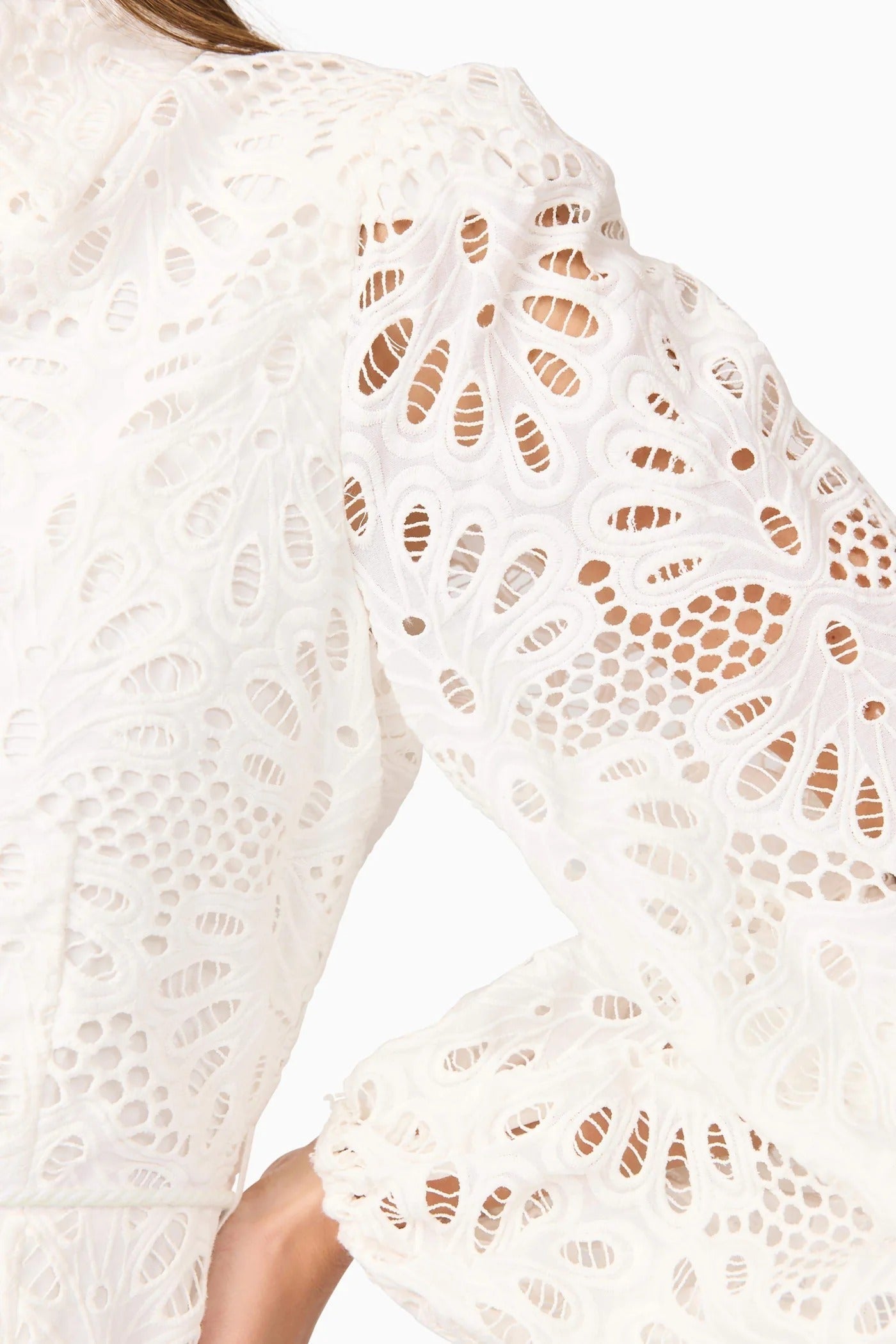 Hollow Embroidery Puff Sleeve Mini Dress in White