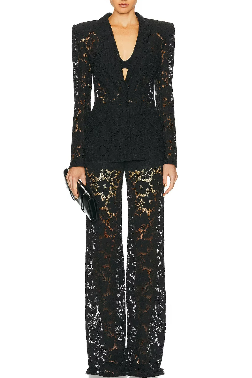 V-Neck Lace Blazer Set in Black