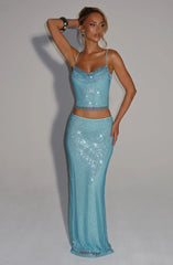 Sequin Top Maxi Skirt Suit in Blue