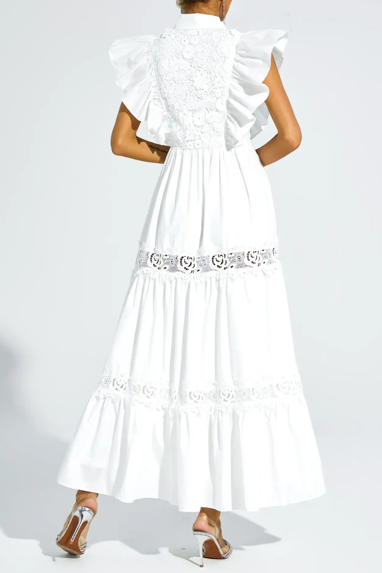 White Sleeveless Ruffle Trim Midi Dress