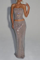 Sequin Top Maxi Skirt Suit in Silver