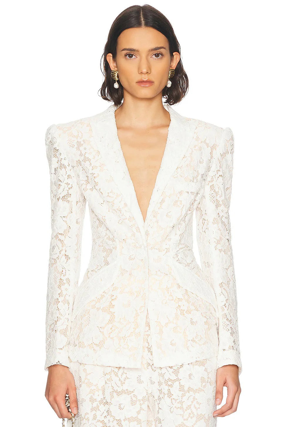 V-Neck Lace Blazer Set in White