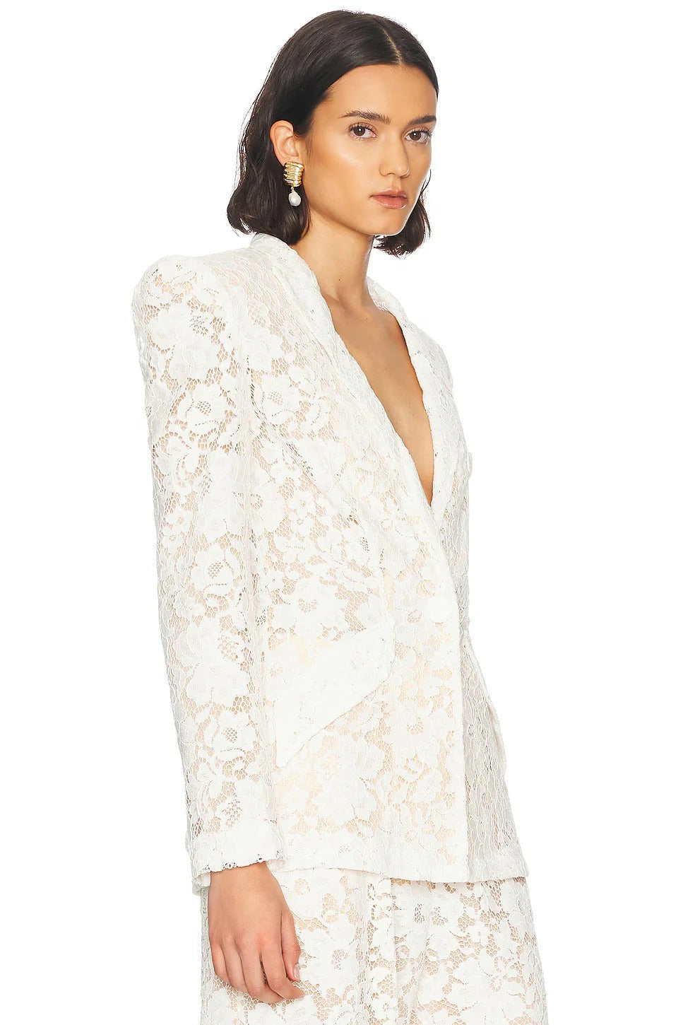 V-Neck Lace Blazer Set in White