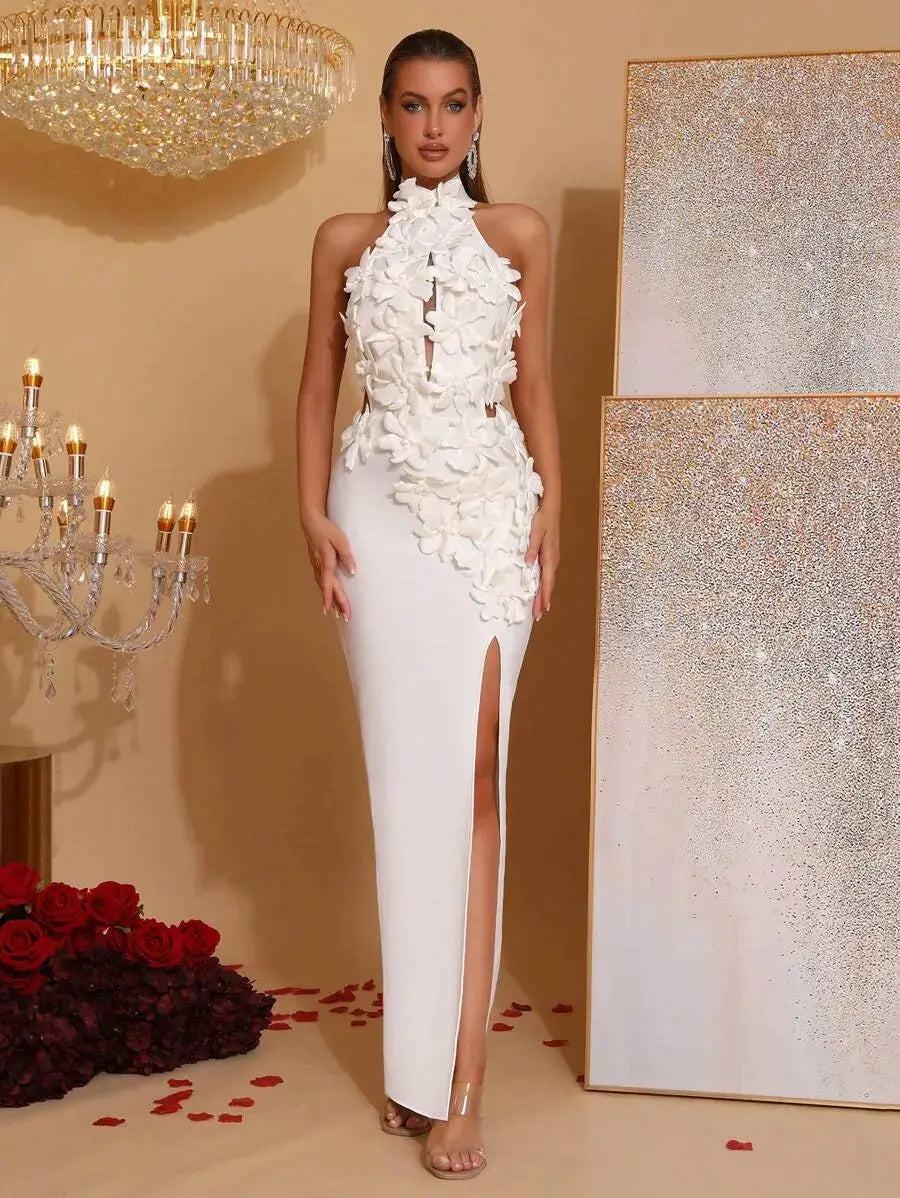 Celeste 3D Flower Halter High Backless Maxi Dress in white
