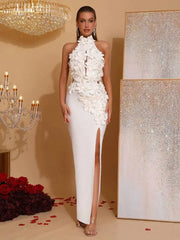 Celeste 3D Flower Halter High Backless Maxi Dress in white