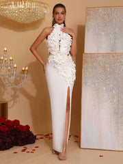 Celeste 3D Flower Halter High Backless Maxi Dress in white