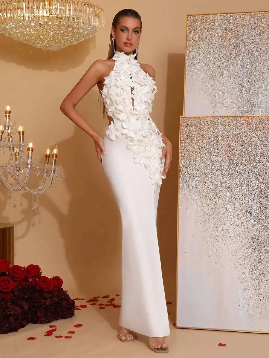 Celeste 3D Flower Halter High Backless Maxi Dress in white