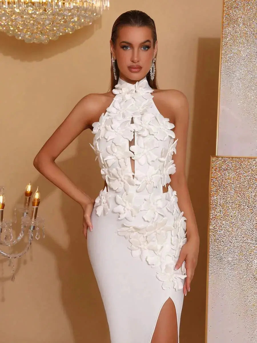 Celeste 3D Flower Halter High Backless Maxi Dress in white