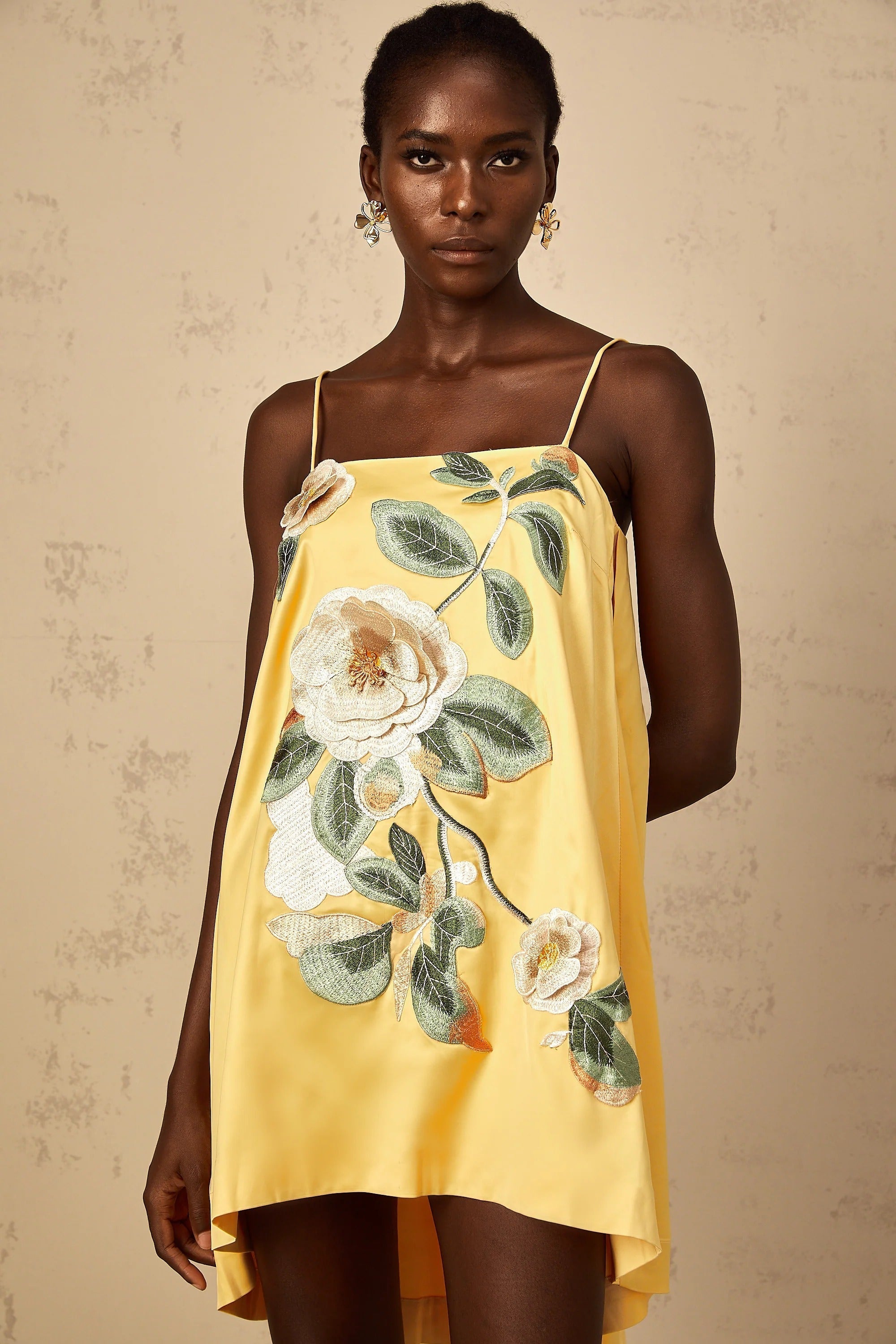 Floral Embroidered Mini Dress in Yellow