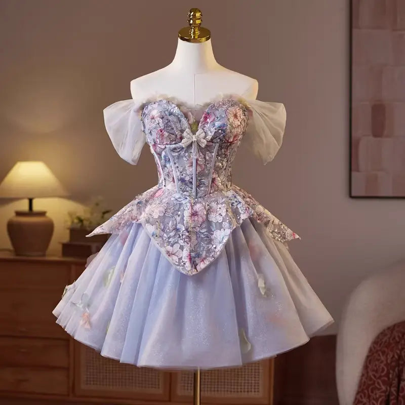 Floral Print Embroidery Puffy Mini Dress