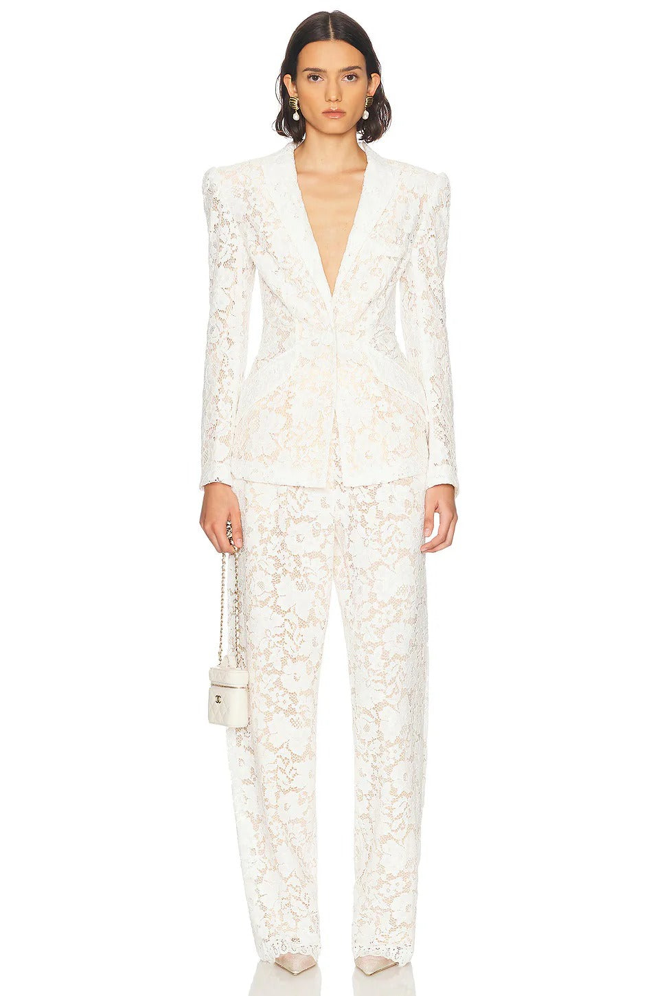 V-Neck Lace Blazer Set in White