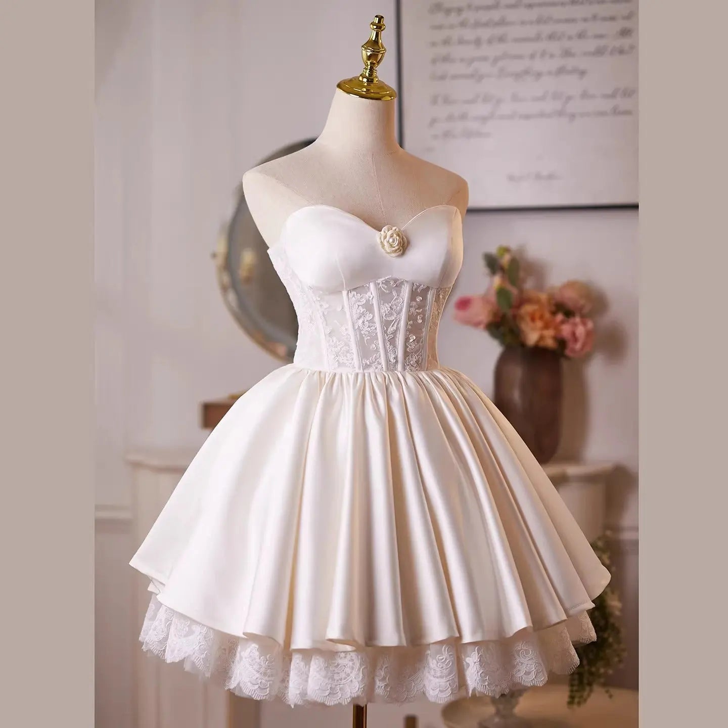 White Flower Lace Satin Mini Dress