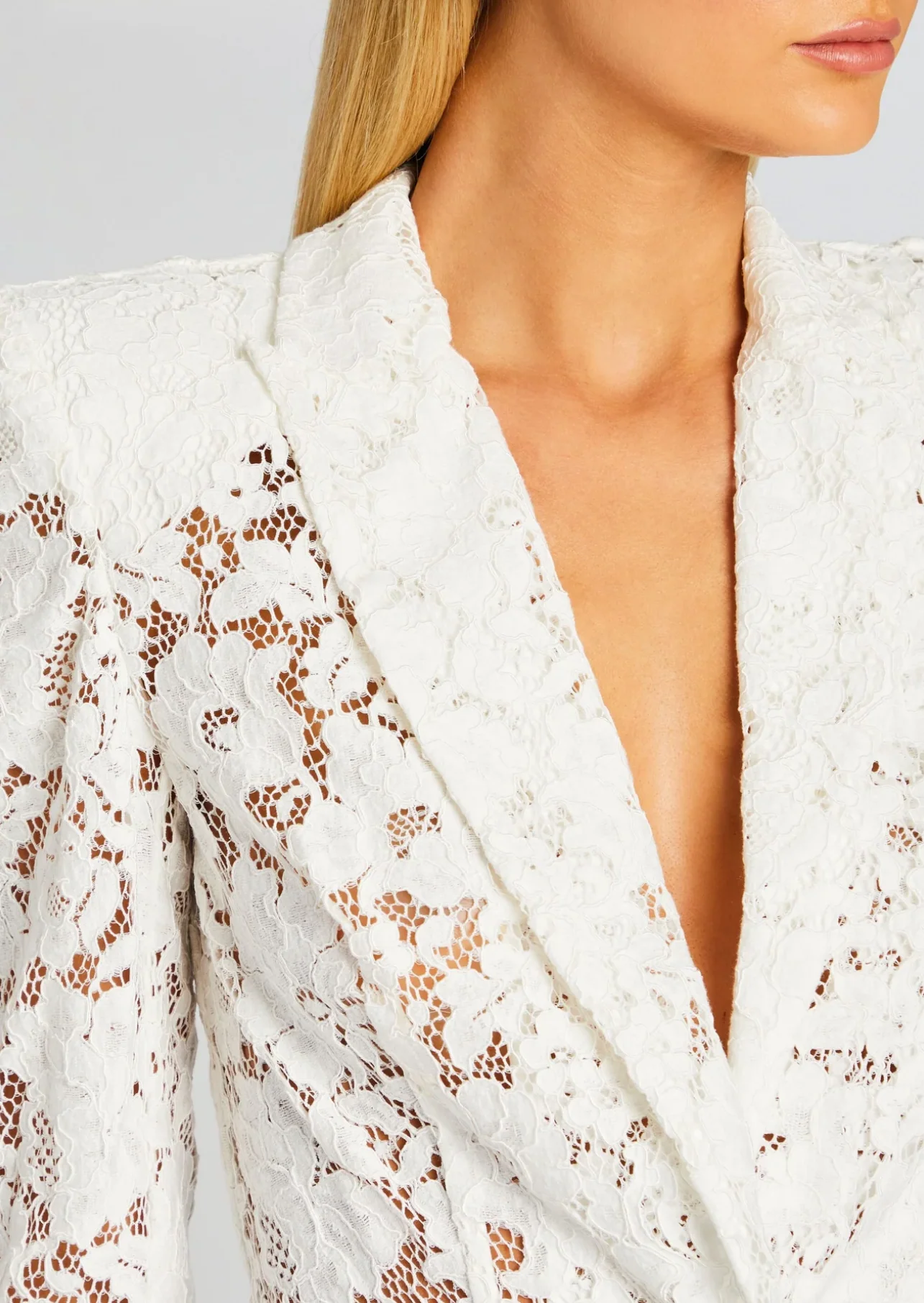 V-Neck Lace Blazer Set in White